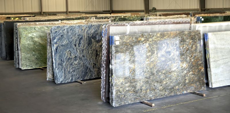 Engineered stone and marcble slabs in a showroom